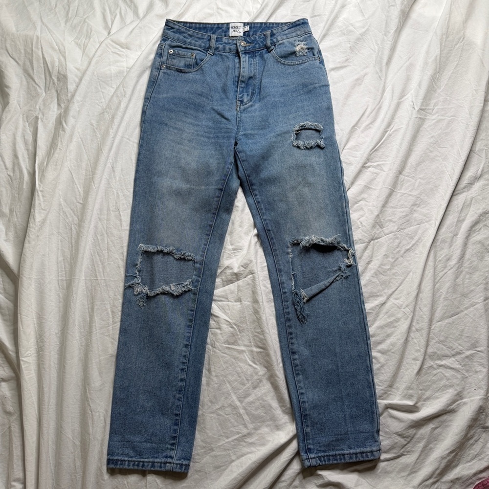 Princess Polly Distressed Straight Leg Jeans High Rise Blue Size 4